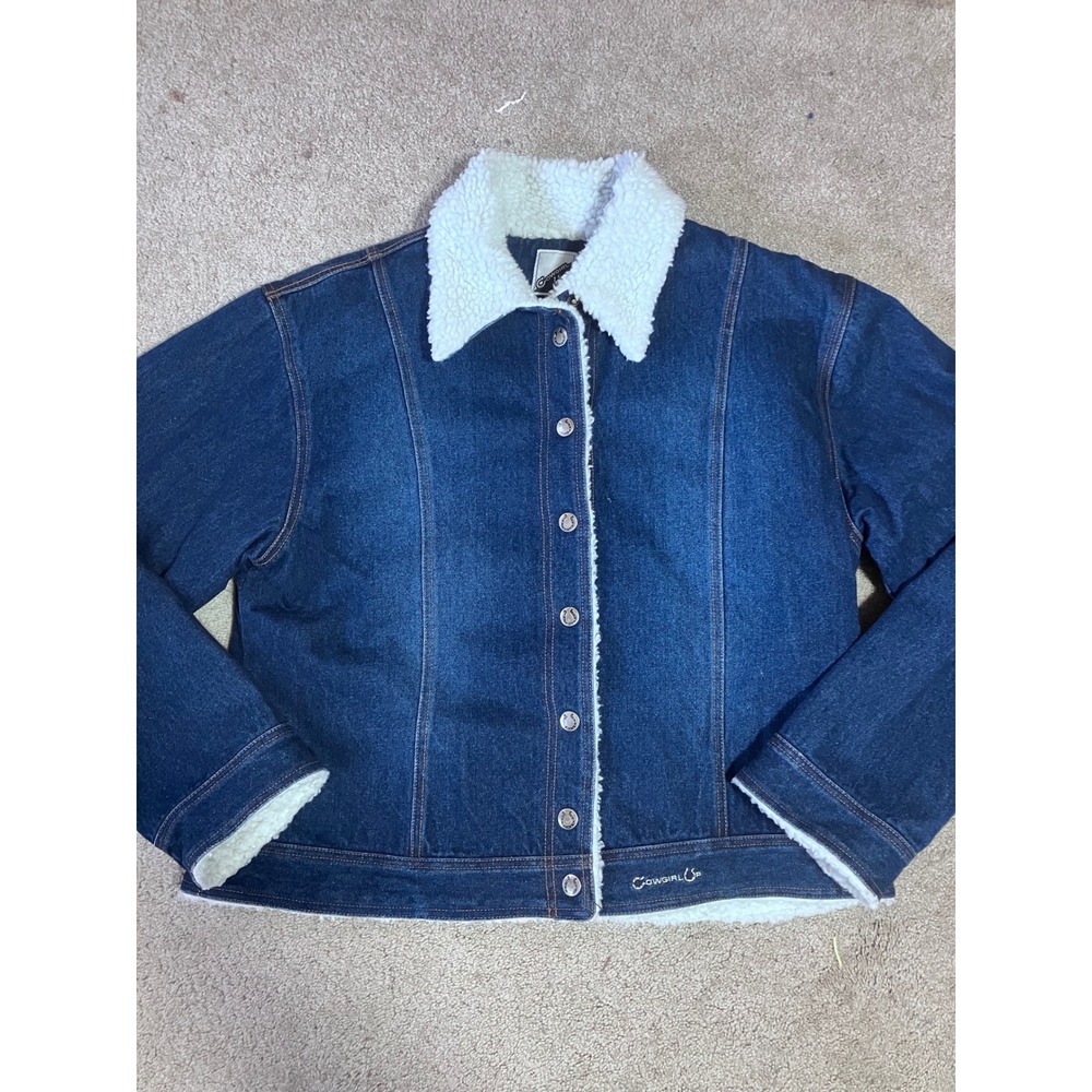 Cowgirl Up Womens XL Denim Jacket Sherpa Lined Blue Dark Wash Horseshoe Snaps